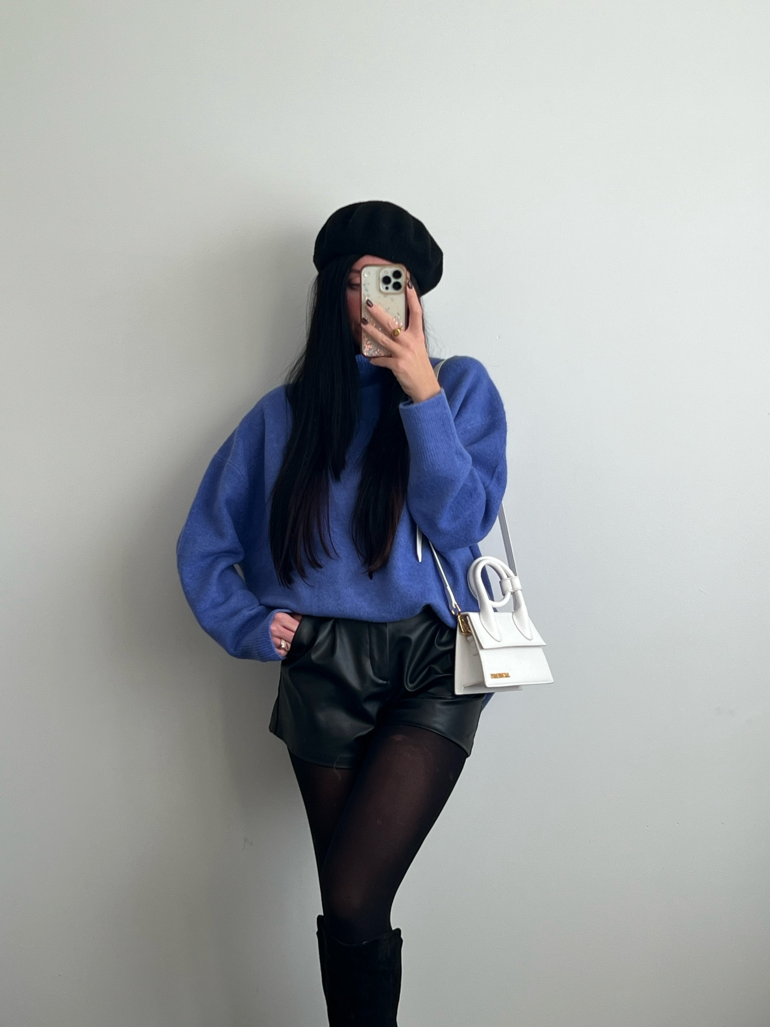 Another winter outfit featuring oversized sweater, leather shorts, knee high boots, jacquemus purse and beret. Giving me major French vibes #kneehighboots #sweateroutfit #bluesweater #leathershorts #suedeboots #jacquemuspurse 

#LTKGiftGuide #LTKSeasonal #LTKstyletip