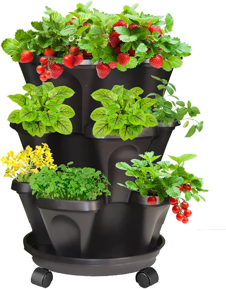 Strawberry Vertical Planter, Stacking Garden Tower, 3 Tiered Stackable Herb Vegetable Planters wi... | Amazon (US)