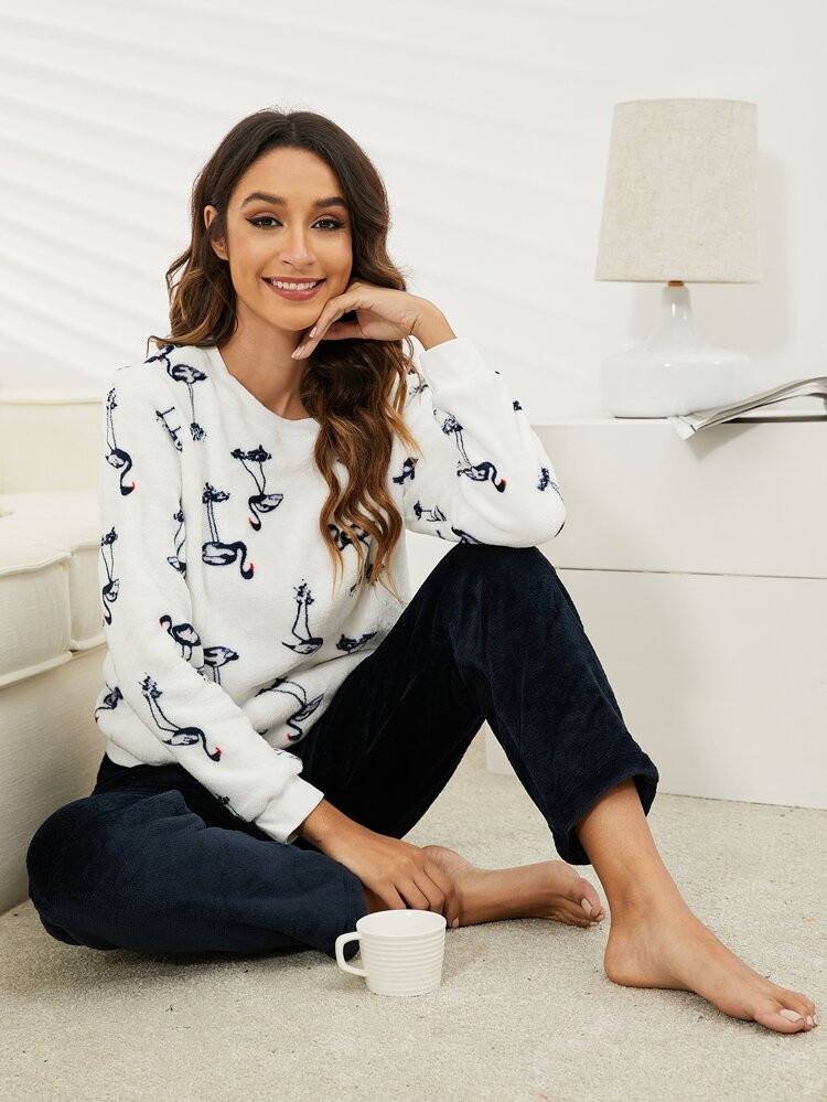 Flamingo Pattern Flannel Top & Pants PJ Set | SHEIN