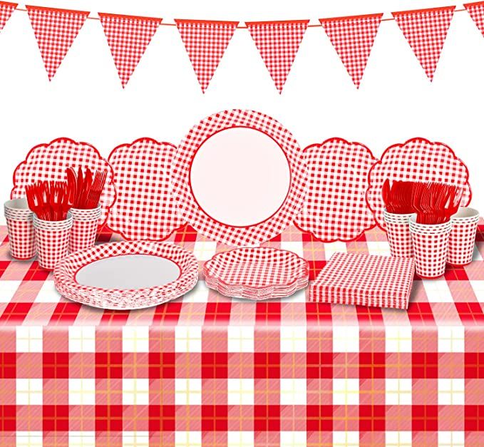 Gatherfun Gingham Red and White Party Supplies Disposable Paper Plates Napkins Cups Knives Spoons... | Amazon (US)