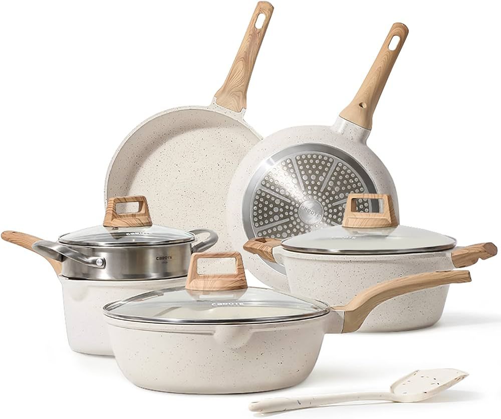 CAROTE Pots and Pans Set Nonstick, White Granite Induction Kitchen Cookware Set, 10 Pcs Non Stick... | Amazon (US)