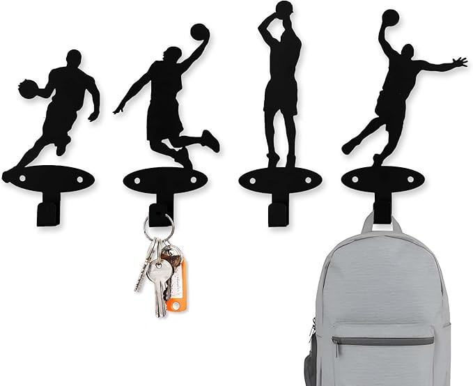 Xedatric 4 Piece Set Basketball Players Slam Dunk Silhouette Shape Coat Hooks Wall Mounted Metal ... | Amazon (US)