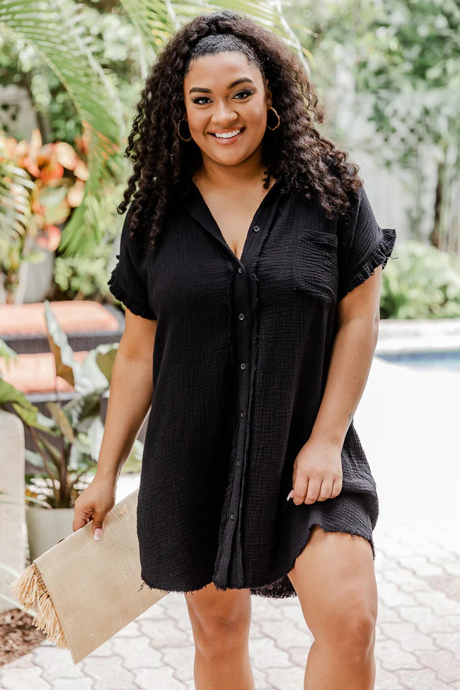 No Worries Black Gauze Button Up Dress | Pink Lily