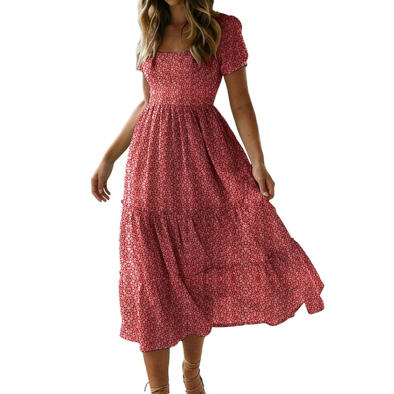 Livrdious Floral Dresses for Women Summer Casual Flowy A-Line Midi Dress, Lightweight Short Sleev... | Walmart (US)