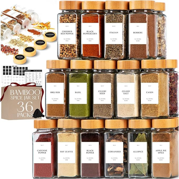 FINESSY Glass Spice Jars with Label with Bamboo Lids 36 Pack Set, 4oz Empty Clear Glass Spice Bot... | Amazon (US)