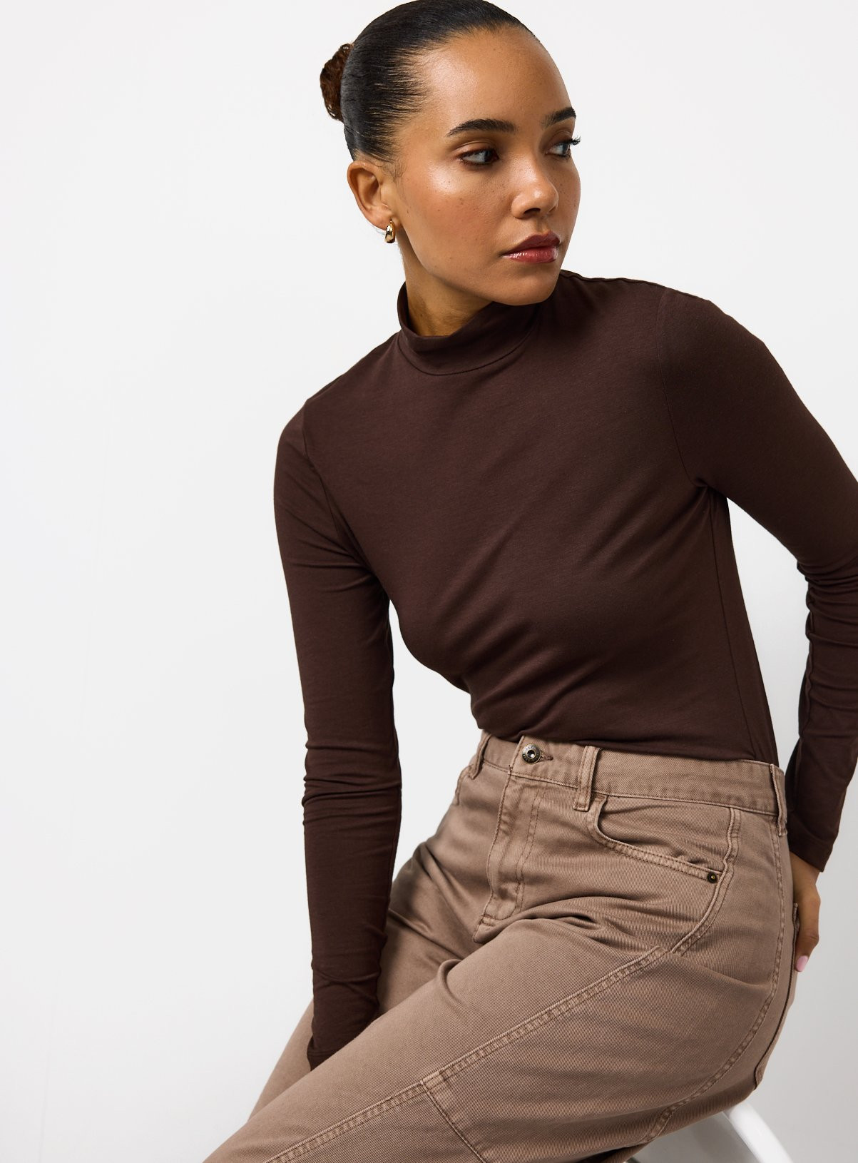 Brown Modal Blend High Neck Top | Tu Clothing