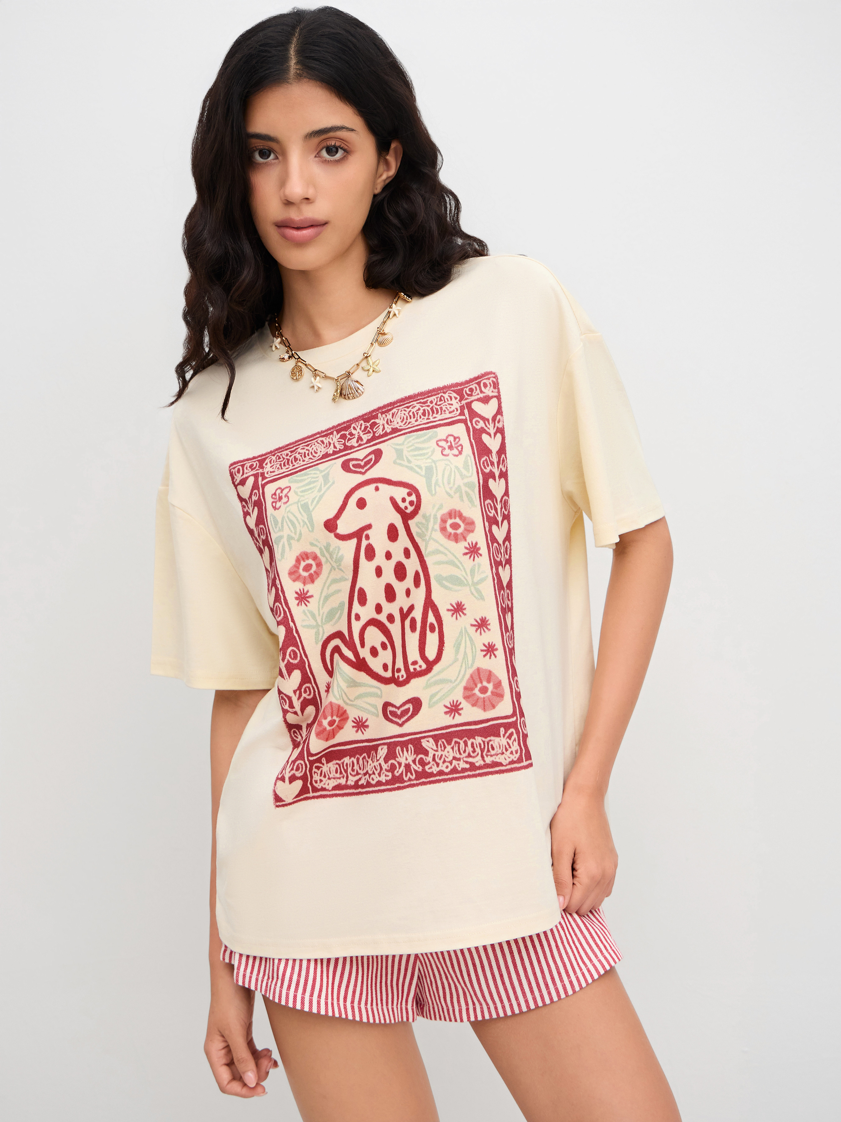 Knit Fabric Cotton-blend Floral Dog Graphic Oversized Tee For Daily Casual | Cider