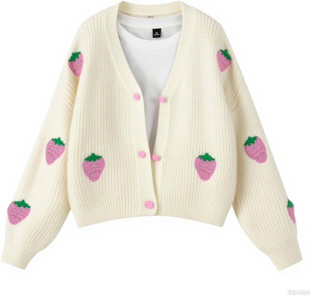 FindThy Women’s Kawaii Strawberry Embroidered Cardigan Long Sleeve V Neck Chunky Knitted Cardig... | Amazon (US)