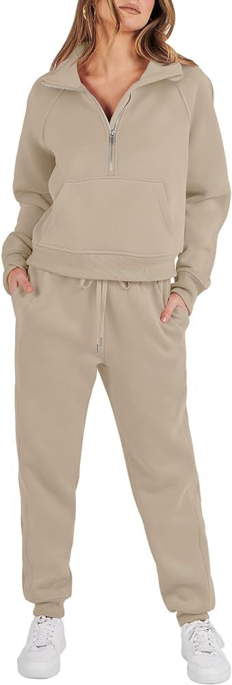 ANRABESS Women's Two Piece Outfits Long Sleeve 2023 Fall Half Zip Sweatshirt with Jogger Pants Lo... | Amazon (US)