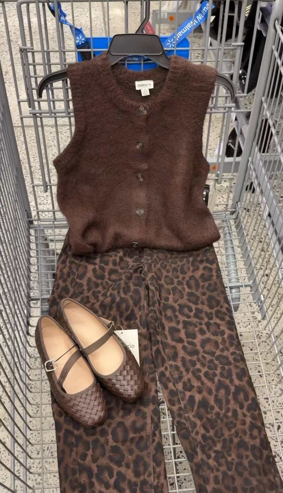 Walmart fall outfit idea with this chocolate brown sweater vest top and leopard print jeans, fit is tts. I did a small in the top. #walmartfashion

#LTKOver40