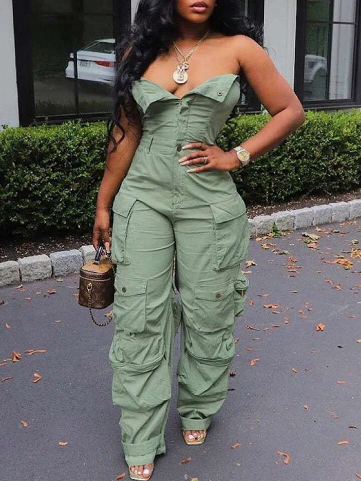 SHEIN Slayr Casual Street Style Sexy Summer Solid Color Weave Jumpsuit With Multiple Button And P... | SHEIN