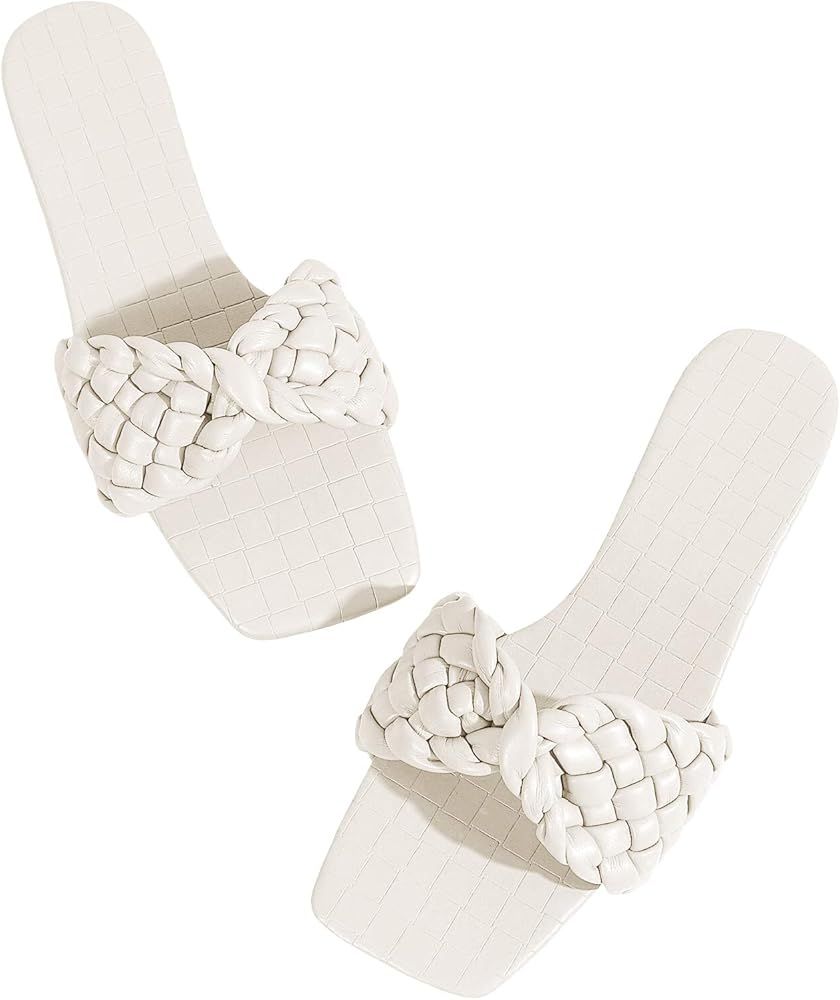 LAICIGO Women’s Squared Open Toe Slide Sandals Braided Single Strap Leather Low Heel Flat Slippers | Amazon (US)