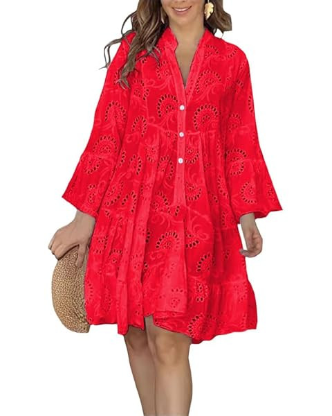ThCreasa Womens Summer Bell Sleeve Eyelet Midi Dress V Neck Lace Embroidery Hollow Out Flowy Baby... | Amazon (US)