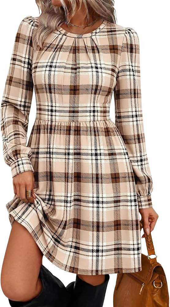 WIHOLL Womens Fall Dresses Long Sleeve Pleated Bust A-Line Pocket Dress | Amazon (US)