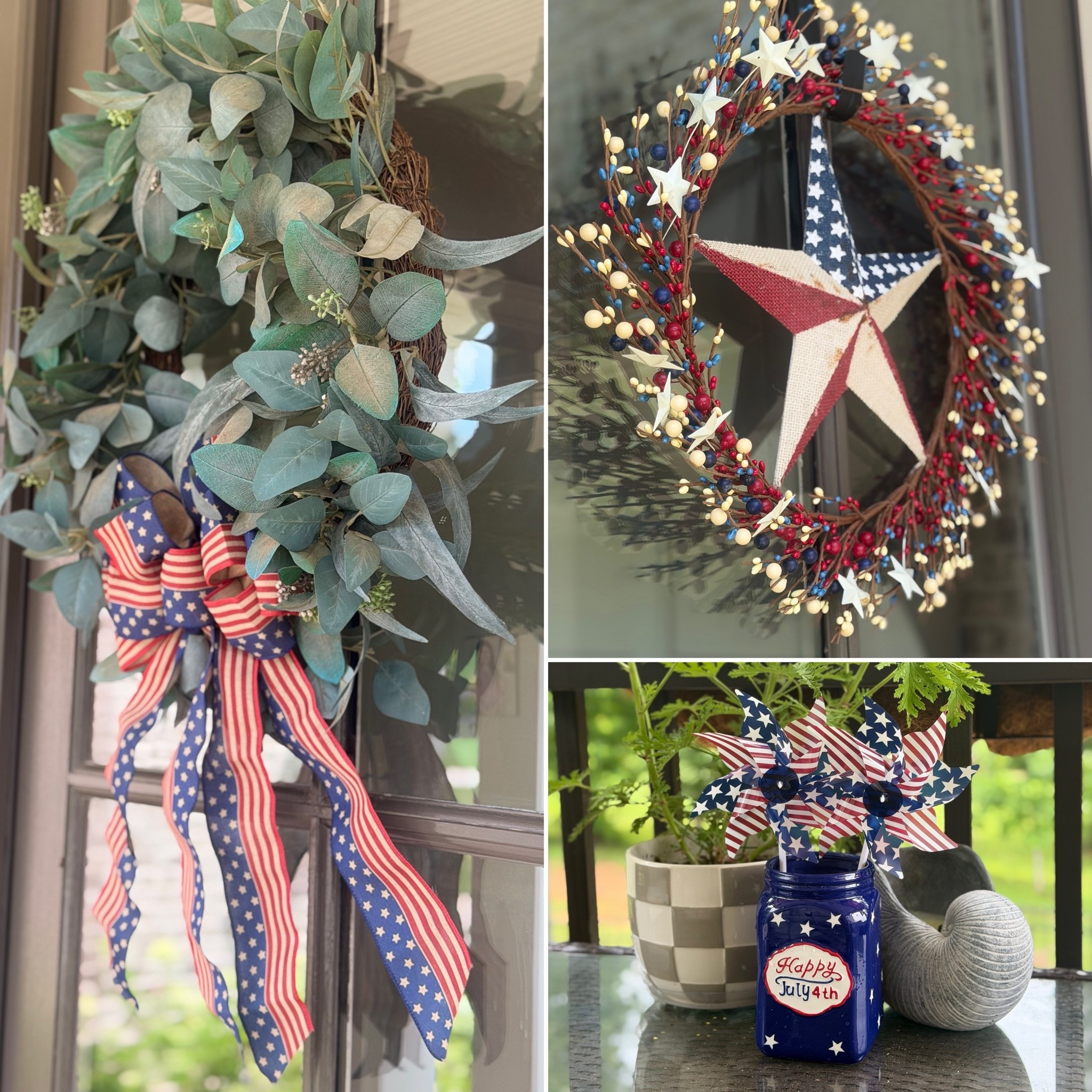 Giving our home a patriotic refresh 🇺🇸 doesn't have to be complicated or expensive. 

This year I focused on simple, high-impact touches: rustic burlap bows on my front door wreaths, a charming patriotic grapevine wreath for the side entrance, and an easy backyard centerpiece with a painted mason jar, pinwheels, and mini American flags.

If you're looking for easy 4th of July decor ideas, front porch decorating inspiration, patriotic outdoor decor, rustic chic summer decorating, or affordable Amazon home finds, these are some of my favorite ways to add festive charm without a lot of effort.
Shop my patriotic decor favorites, burlap bows, wreaths, flags, and outdoor decorating finds on LTK! ❤️🤍💙

#LTKSeasonal #LTKHome #LTKOver40