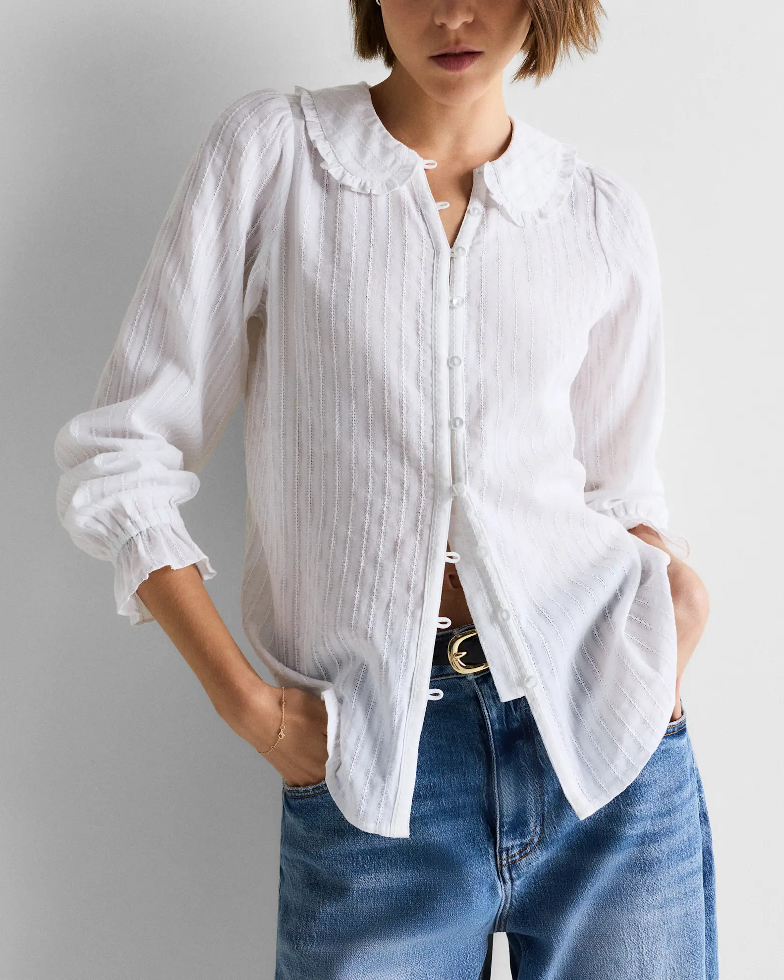 Embroidered Cotton Ruffle Collar Long Sleeve Blouse in Classic White | Quince
