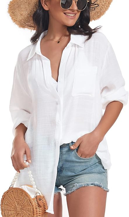 Century Star Womens Button Down Shirts Vacation Outfits Loose Fit Long Sleeve Casual Oversize Col... | Amazon (US)