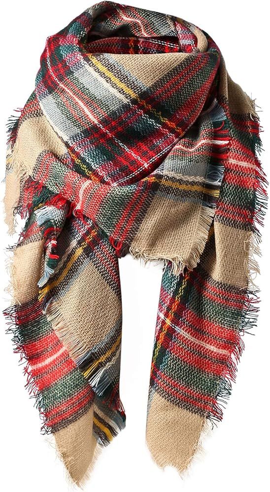 Zando Plaid Blanket Thick Winter Scarf Tartan Chunky Wrap Oversized Shawl Cape | Amazon (US)