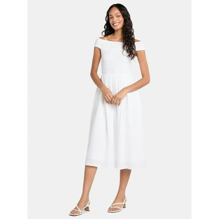 Time and Tru Women's Cotton Off the Shoulder Midi Dress, Sizes XS-XXXL | Walmart (US)