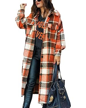 Himosyber Women's Casual Plaid Lapel Woolen Button Up Pocketed Long Shacket Coat | Amazon (US)