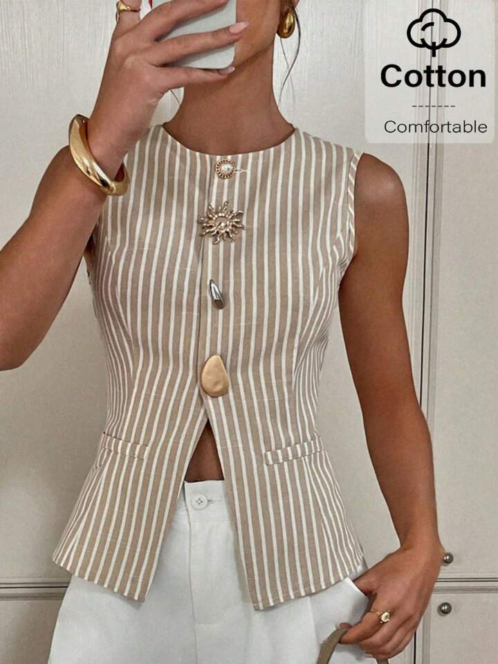 Siren Gaze Women's Summer Casual Striped Front Button Tank Top | SHEIN