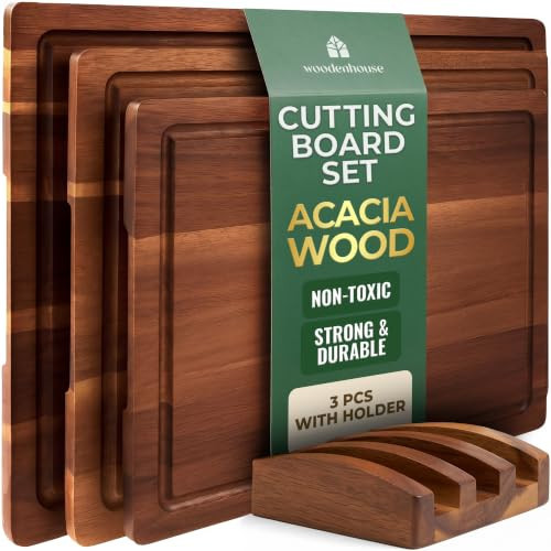 Acacia Wood Cutting Board Set of 3 with Holder, Juice Grooves & Built-in Handles - Durable, Wooden Cutting Boards for Kitchen, Perfect for Chopping, Food Prep and Serving as a Charcuterie | Amazon (US)