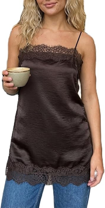 Women Silk Lace Trim Cami Tops Y2k Spaghetti Strap Silky Slip Dress Y2k Backless Going Out Camiso... | Amazon (US)