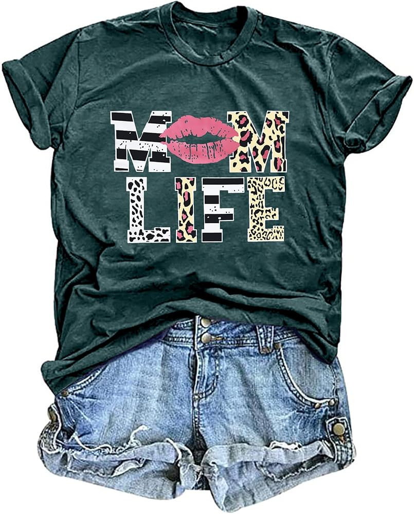 Women Mom Life T-Shirts Leopard Lips Stripe Graphic Shirts Funny Letter Printed Tee Mother's Day ... | Amazon (US)