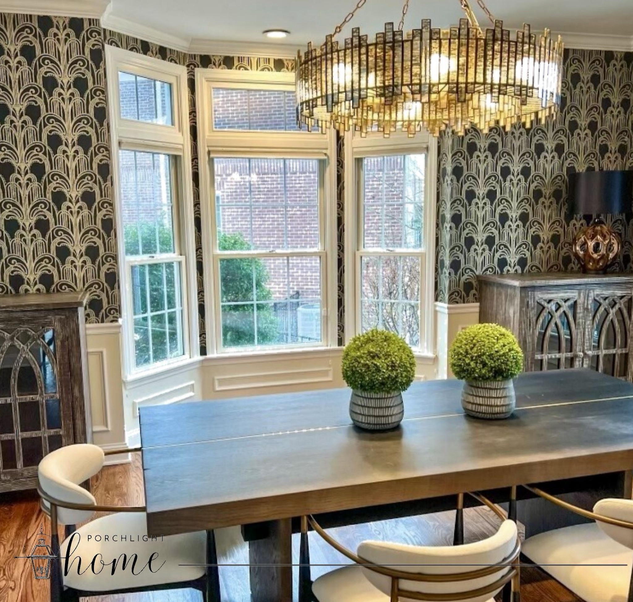 This “get the look” dining room is one that channels a modern glam feel with its moody wallpaper and statement lighting. 🤩 dining room,  home decor, dining room design, dining chairs, dining table, chandelier, wallpaper, dining room wallpaper, black wallpaper, gold wallpaper, dining room storage, small cabinet, dining bench

#LTKhome #LTKstyletip #LTKfamily
