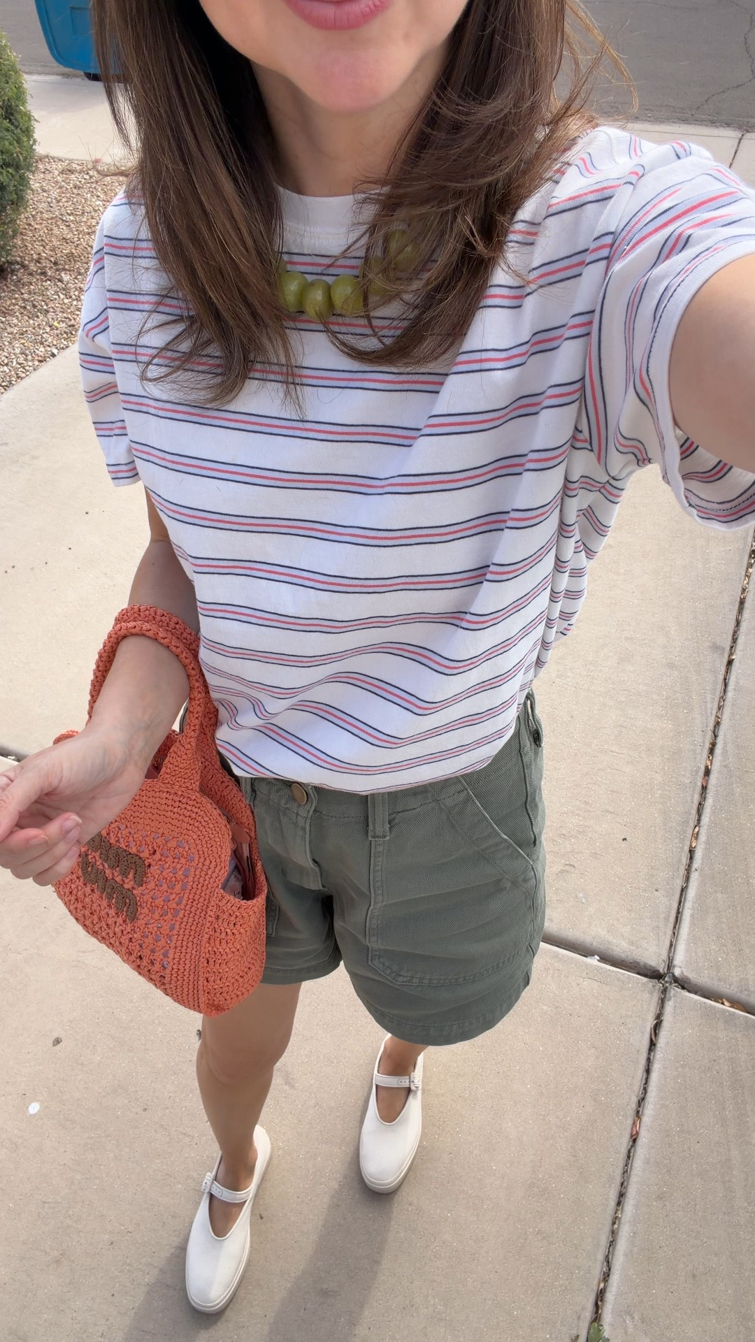 Spring outfit I keep reaching for lately.
An easy striped tee with olive shorts is one of those effortless combinations that always works. Light, comfortable, and petite-friendly for everyday mom life. The beaded necklace and mini woven bag add a little personality without trying too hard.

petite fashion, petite mom outfits, 5’2 style, spring outfit ideas, casual mom outfits

Top small
Shorts xs 
Vivrelle bag code MONICSUTTER



#LTKPetite