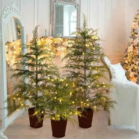 Set of 3 Pre-lit Twinkle Christmas Cypress Tree Realistic Artificial Trees with Woven Basket Base Xmas Holiday Decor for Indoor Party Living Room Home Office (Cypress Tree) | Walmart (US)