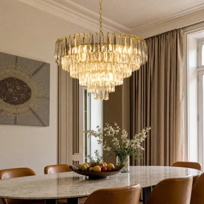 24" Crystal Chandelier with Grey Accents, 11-Light Round Pendant with Adjustable Chain, Brass Finish for Dining Room Living Room | Wayfair North America