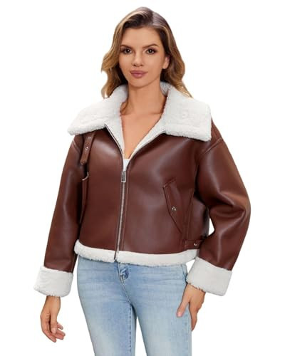 DIASHINY Faux Fur Leather Jacket For Women Cropped Fur Lined Loose Sherpa Leather Shearing Coat Brown L | Amazon (US)