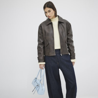Brown Faux Leather Distressed Bomber Jacket | River Island UK & IE