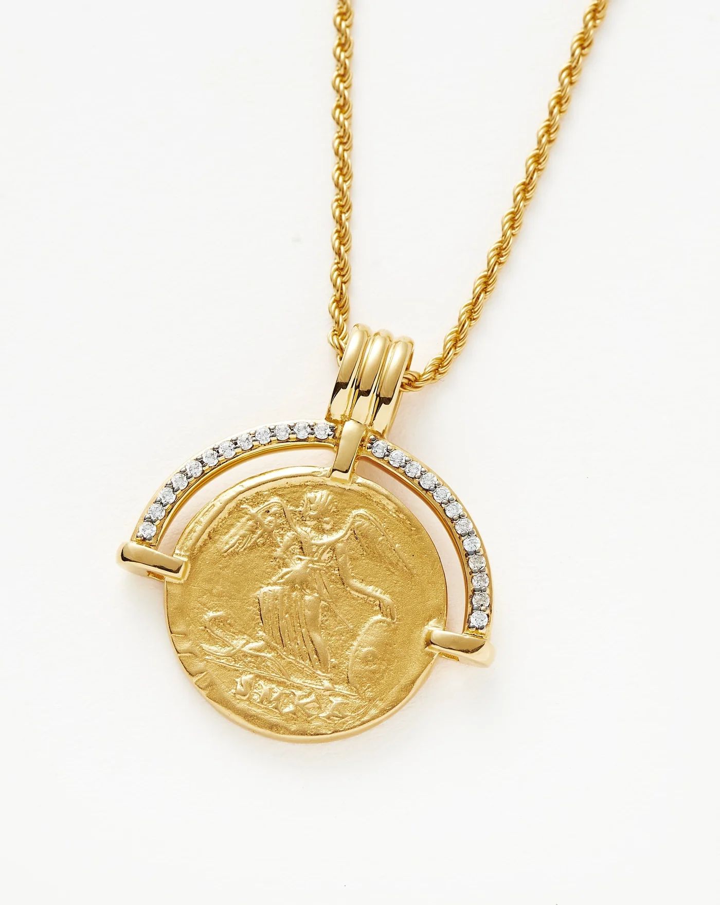 Lucy Williams Engravable Fortuna Arc Coin Pendant Necklace | 18ct Gold Plated Vermeil/Cubic Zirco... | Missoma
