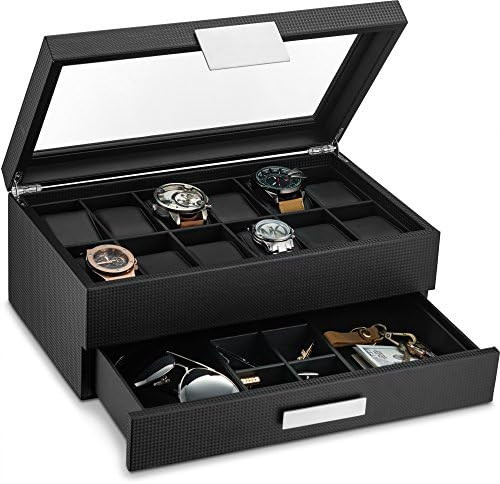 Glenor Co Watch Box with Valet Drawer for Men - 12 Slot Luxury Watch Case Display Organizer, Carb... | Amazon (US)