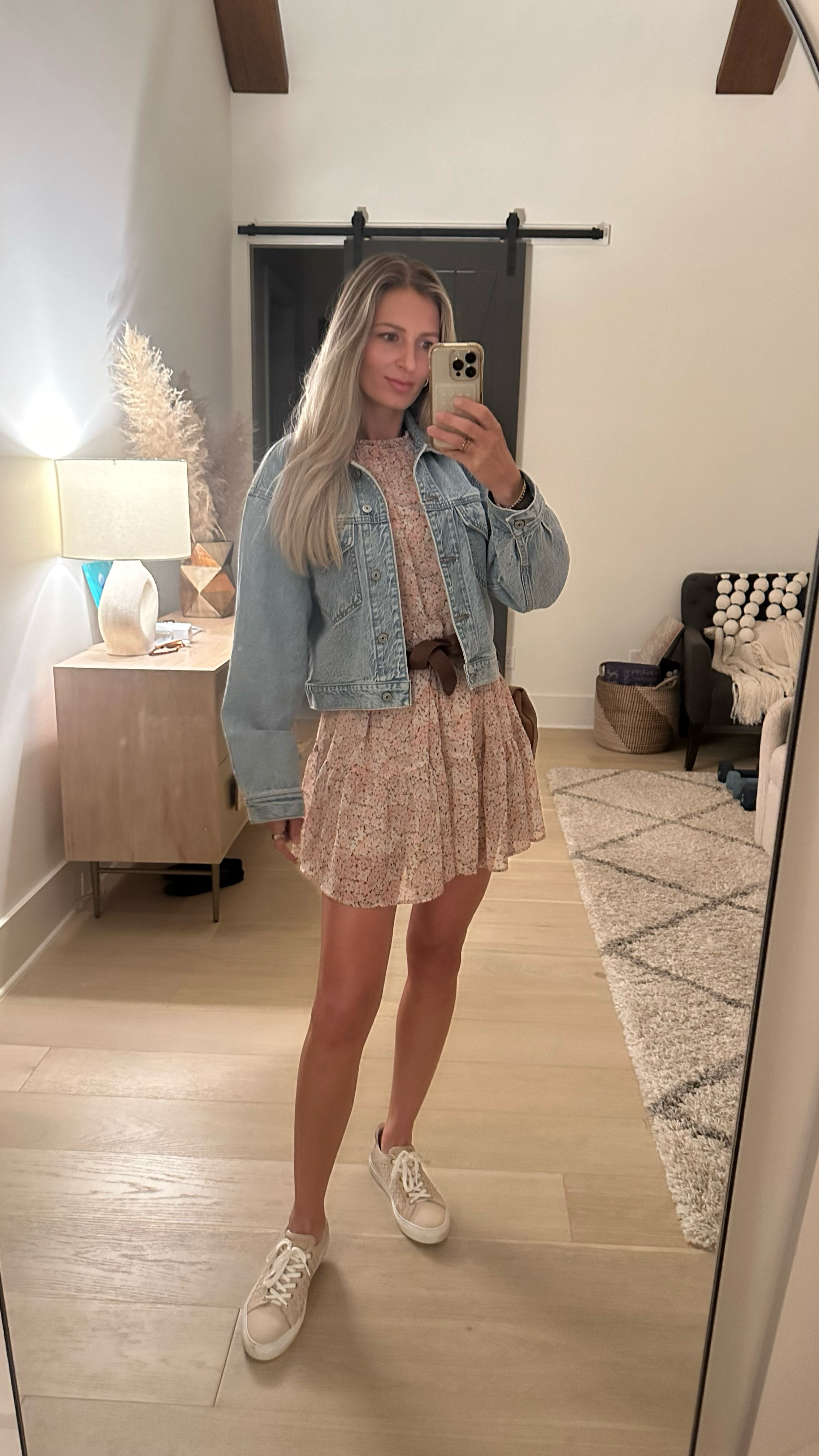 🎀 little spring dress 🎀
 Perfect for Easter too! Linking similar at various price points. 
I love adding tan accessories, I feel like it helps the outfit come together ✨ 

#springdresses #springoutfitideas #denimjacket #sneakers #wovensneakers #pinkfloral #floraldreas #easterdress #easteroutfitideas 

#LTKStyleTip #LTKSeasonal #LTKWatchNow