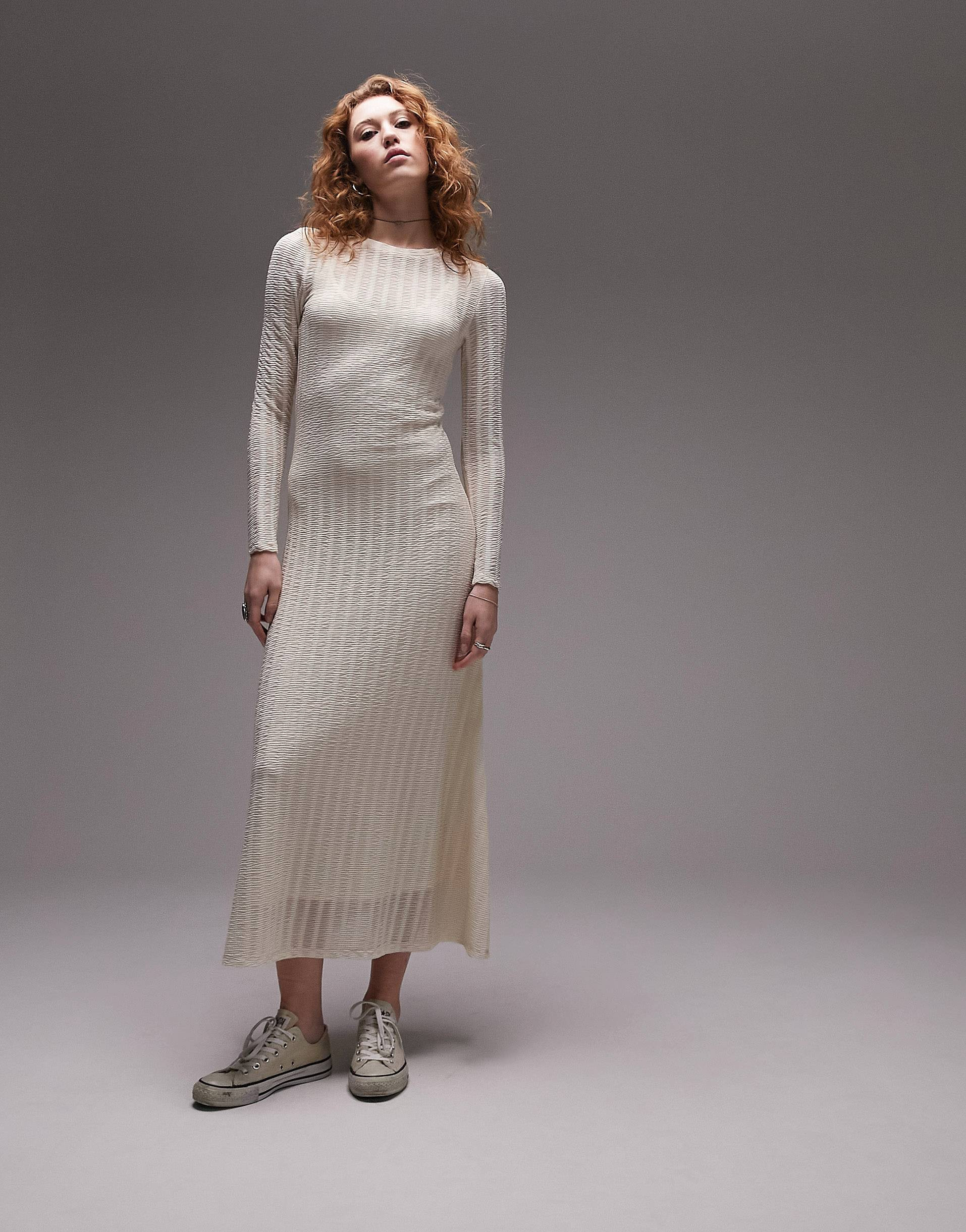 Topshop jersey long sleeve maxi dress in beige | ASOS (Global)