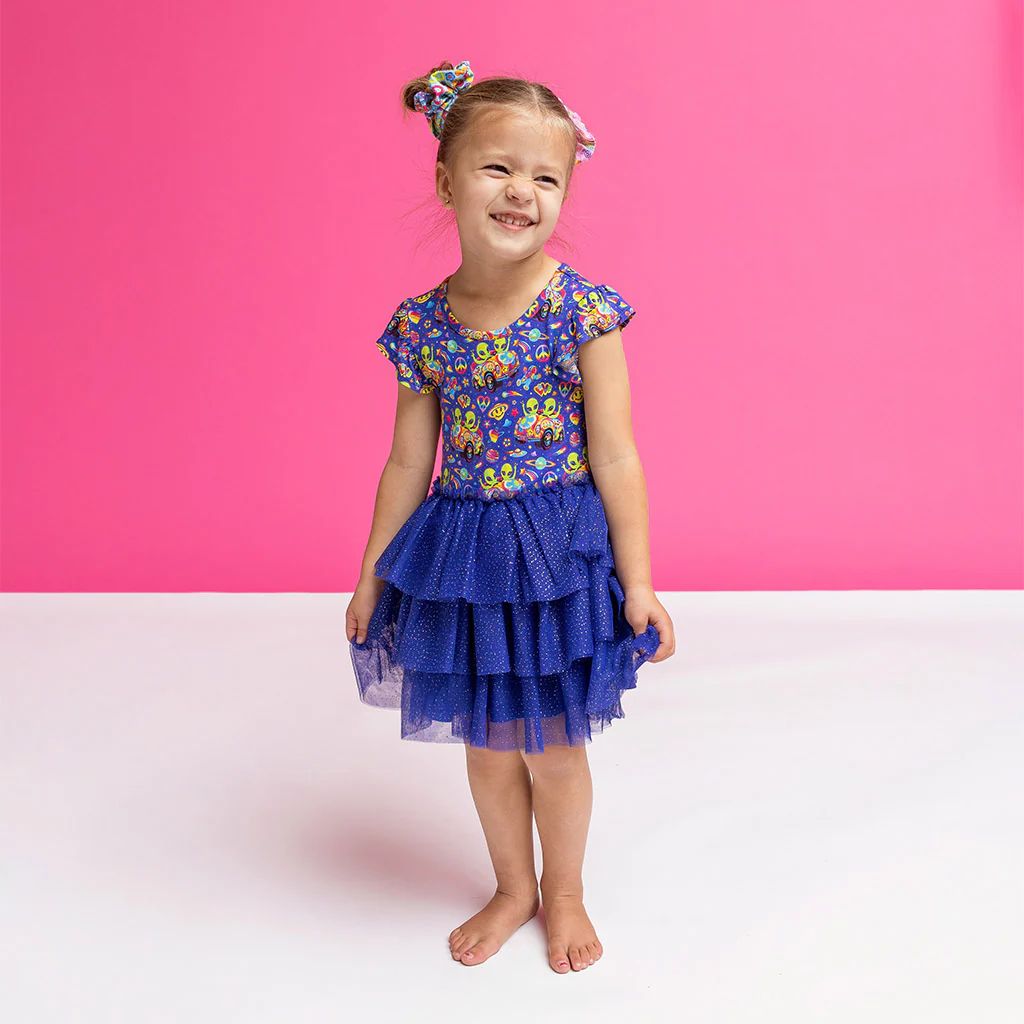 Aliens Blue Girl Toddler Tulle Dress | Lisa Frank® Zoomer & Zorbit | Posh Peanut