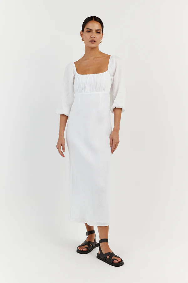 LILAH WHITE LINEN MIDI DRESS | DISSH