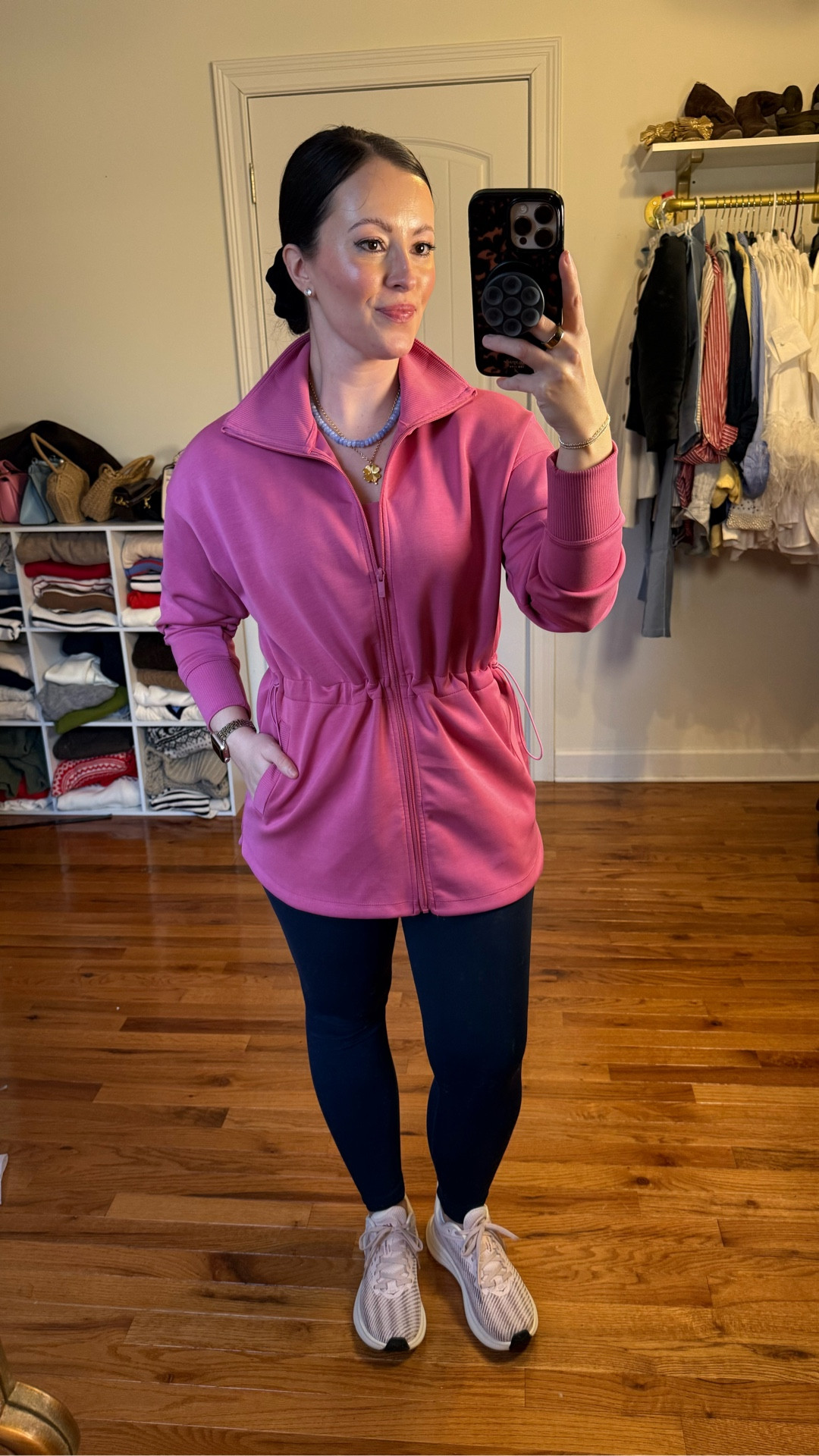 Spring activewear 
Target activewear 
Target spring active wear 

Long line cinched waist jacket (s) in pink berry mauve
Pink Workout tank  (M)
Navy workout leggings (S)

#LTKValentine #LTKActive