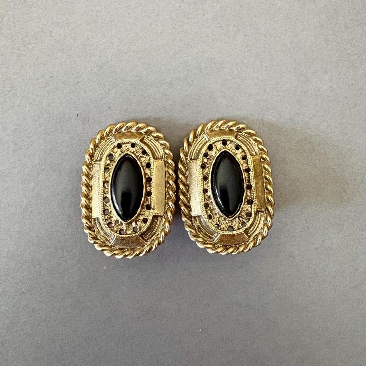 1928 Brand Black Gold Tone Earrings clip on Post... | Depop | Depop US