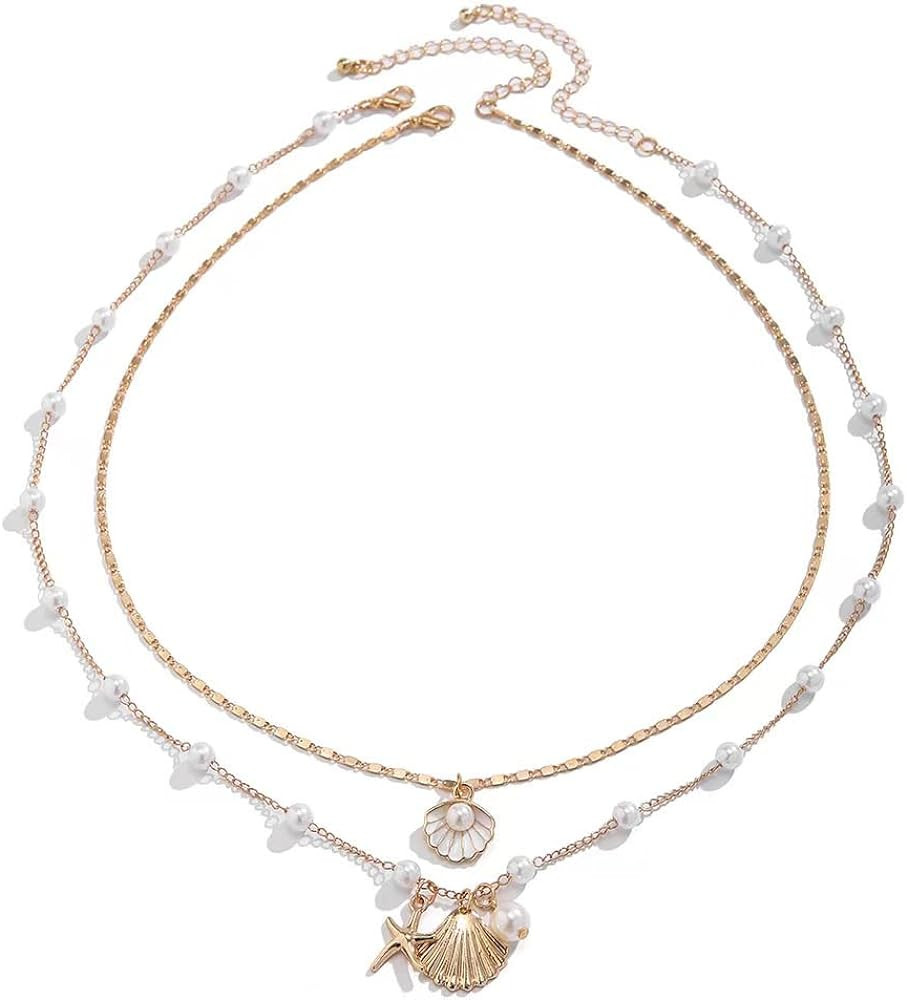 Summer Beach Shell Necklace Layered Pearl Seashell Choker Necklaces Sequins Conch Starfish Beaded... | Amazon (US)
