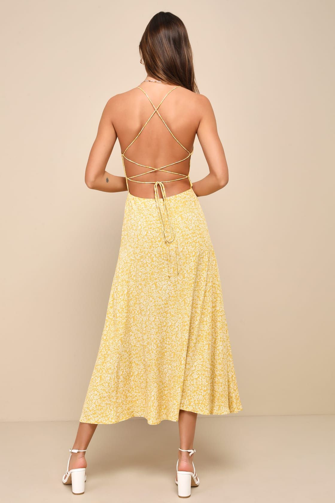 Charming Dedication Yellow Floral Sleeveless Lace-Up Midi Dress | Lulus