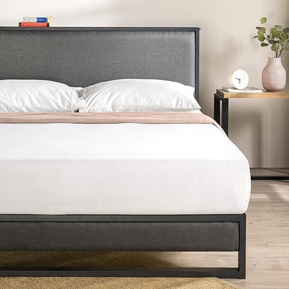 ZINUS Christina Upholstered Platform Bed Frame with Brown Headboard Shelf / No Box Spring Needed ... | Amazon (US)