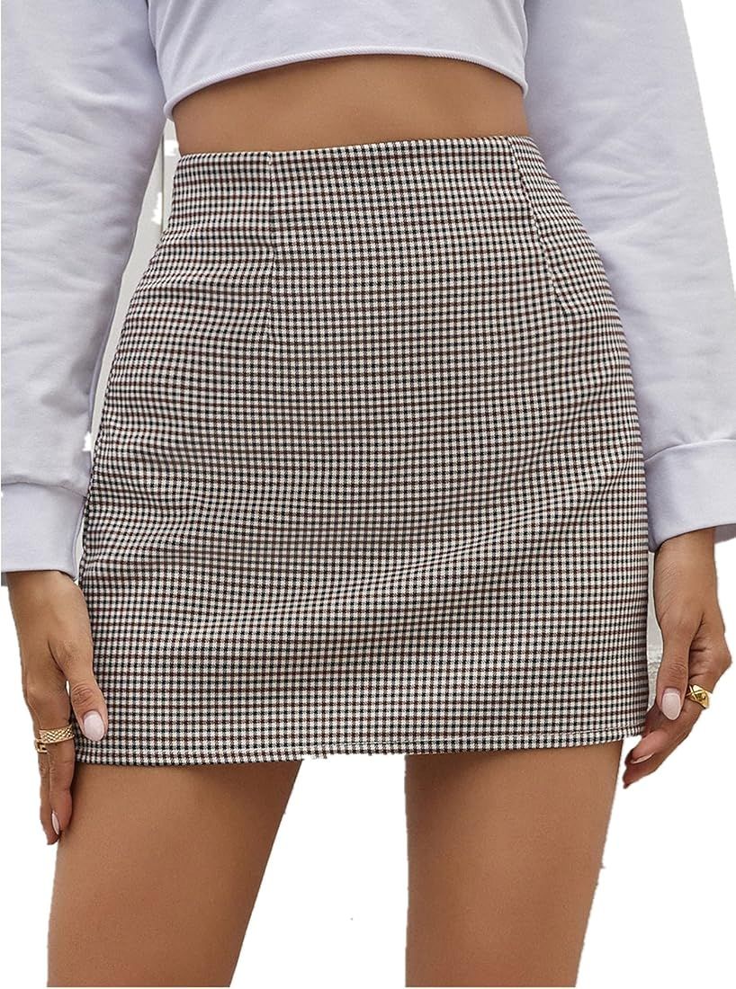 Floerns Women's Plaid High Waist Bodycon Mini Skirt Brown Multi S at Amazon Women’s Clothing st... | Amazon (US)