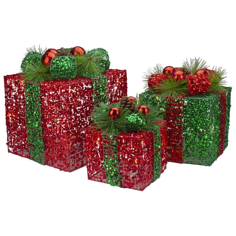 Set of 3 LED Lighted Red and Green Glitter Threaded Gift Boxes Outdoor Christmas Decoration | Wayfair North America