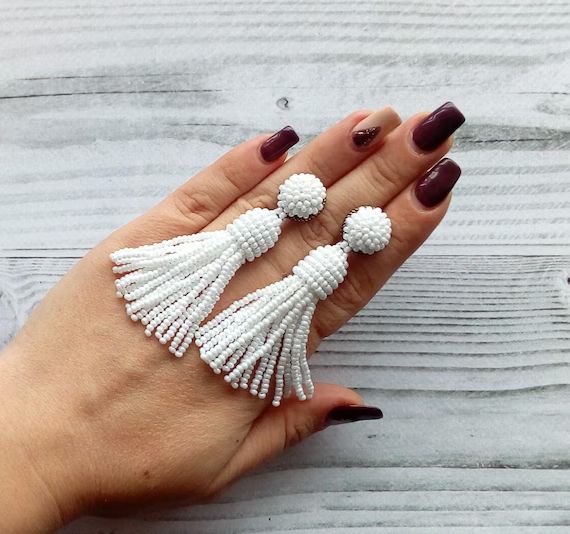 White tassel earrings White stud beaded earrings Long short | Etsy | Etsy (US)