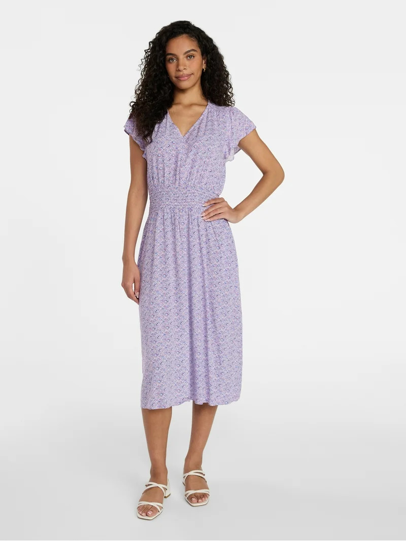 Time and Tru Women’s and Women’s Plus Smocked Waist Midi Dress with Flutter Sleeves, Sizes XS... | Walmart (US)