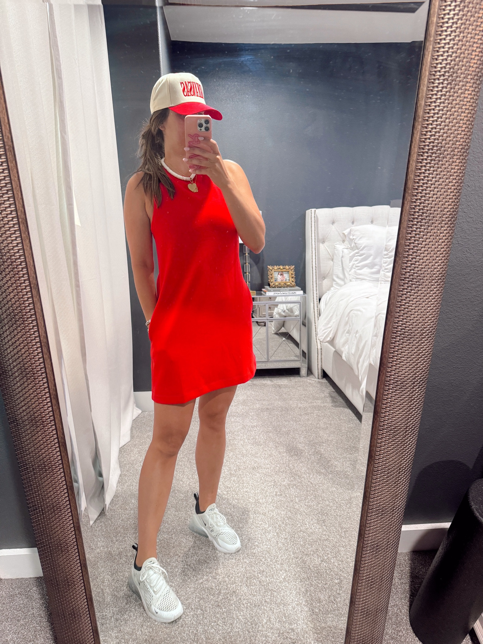 Athleisure. Red dress. Sports dress. Abercrombie. Nike. Bracha. Trucker hat. Size 8 fashion.  

#LTKFitness #LTKMidsize #LTKFindsUnder50